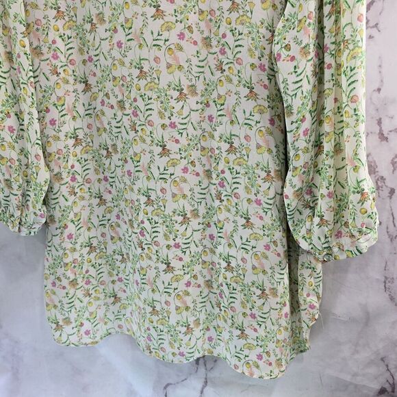 Rose + Olive Shirt Womens 1X White Green Pink Blouse Popover Flowy Ditzy Floral - Picture 7 of 12